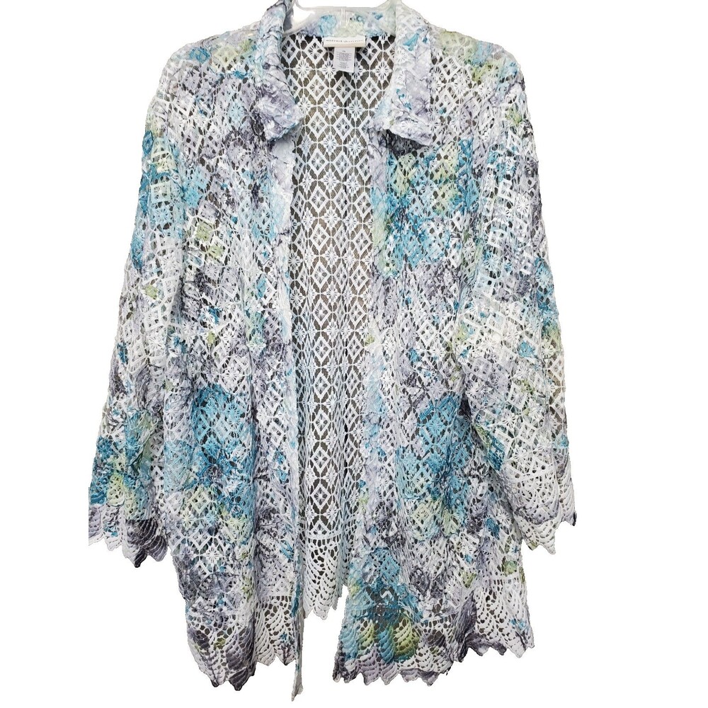 Alfred Dunner Woman Multicolor Lace Crochet Open Front Topper Cardigan Size 2X